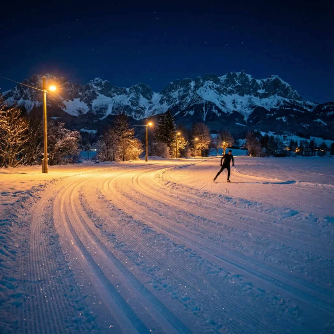 照明的夜间越野滑雪道，可眺望石海山脉