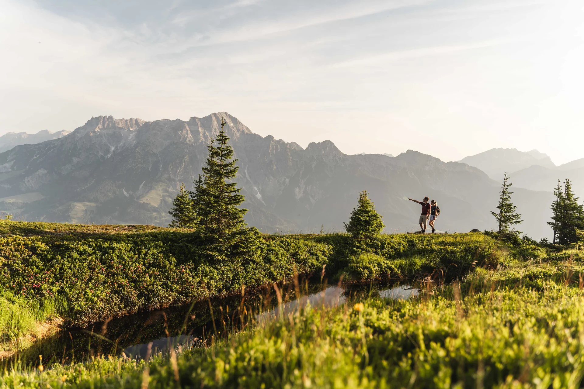 Pareja de senderistas en pradera alpina con panorama de Steinberge