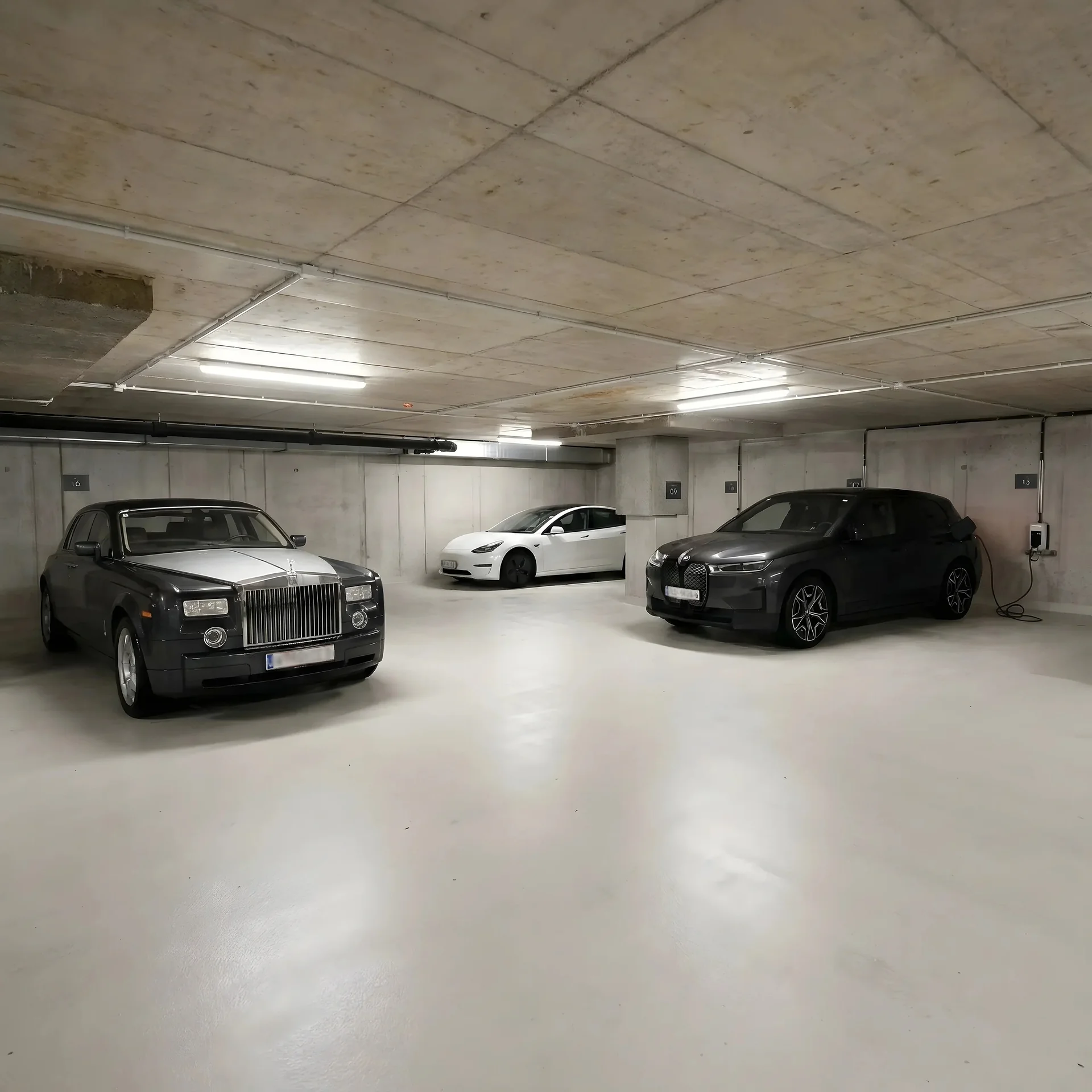 Geräumige Hoteltiefgarage mit Premiumfahrzeugen und E-Ladestation