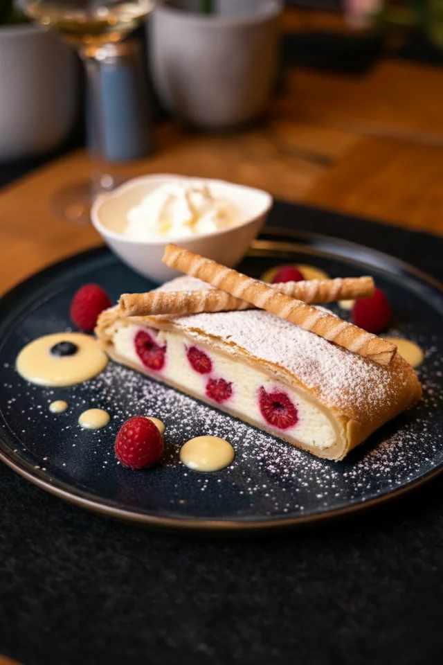 Strudel de requesón y frambuesas