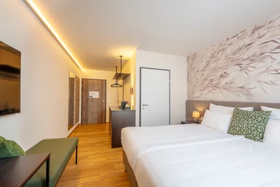 Zimmerübersicht mit Eingangsbereich, Minibar-Station und zartem Gräser-Wandmotiv