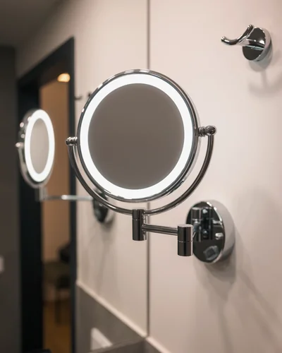 Beleuchteter Kosmetikspiegel mit LED-Ring an der Badezimmerwand