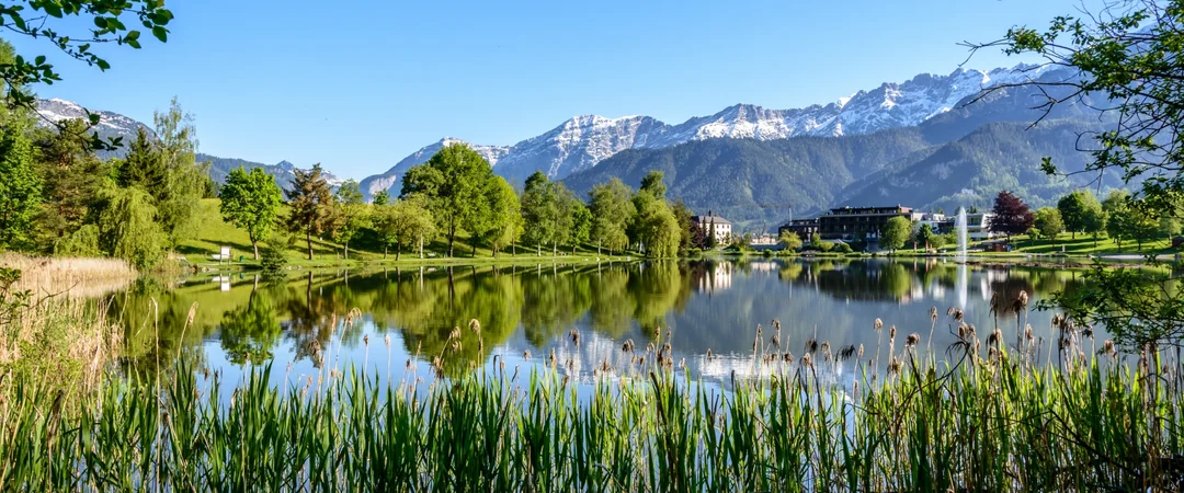 Ritzensee panorama with reflection of the Steinberge in summer