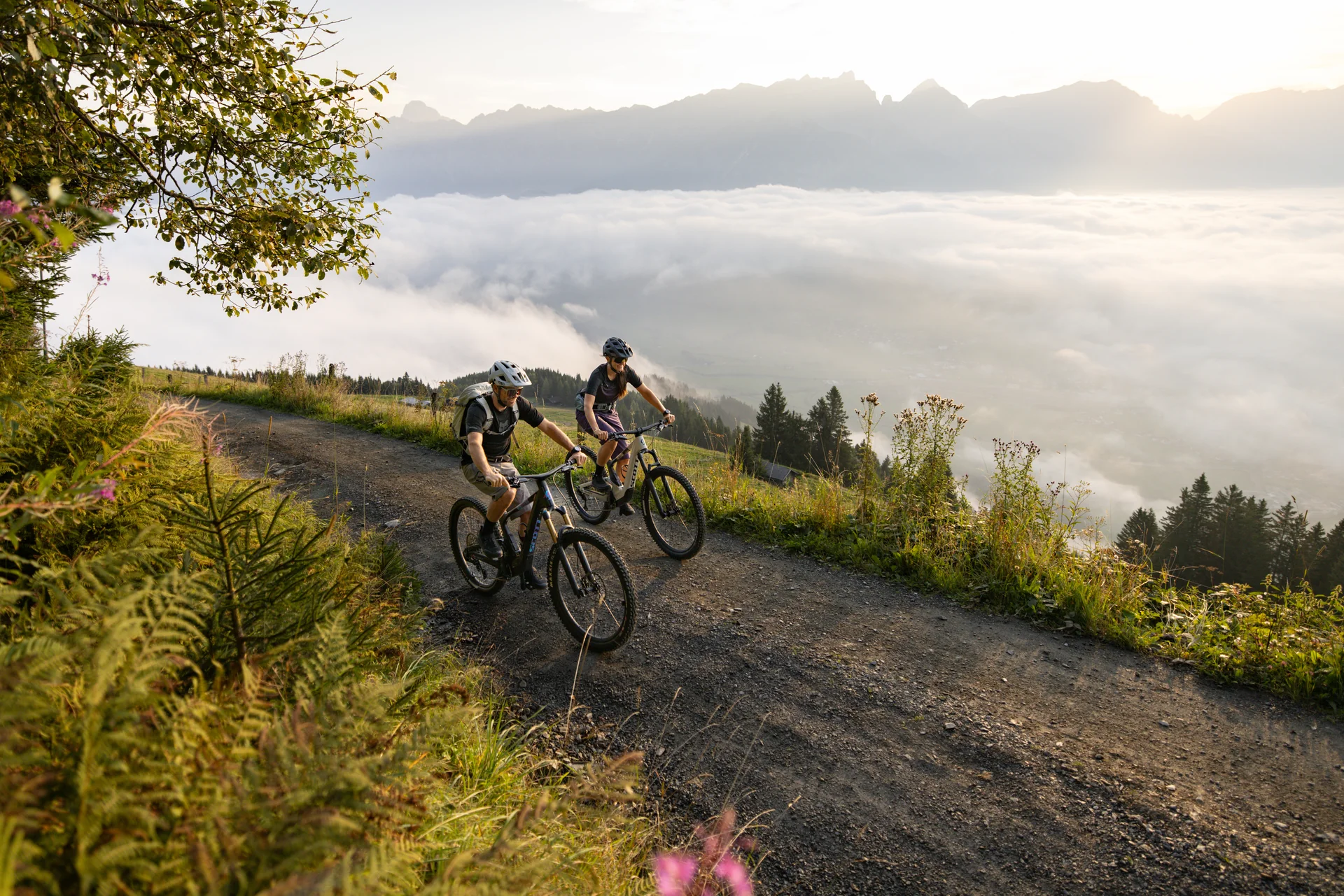 Mountain bikers at sunrise above the sea of clouds