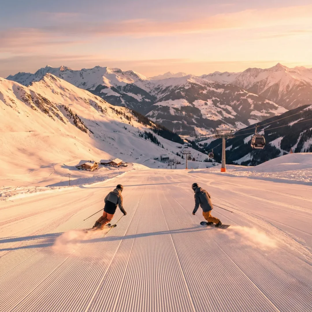 两名滑雪者在日落时分的压雪道上